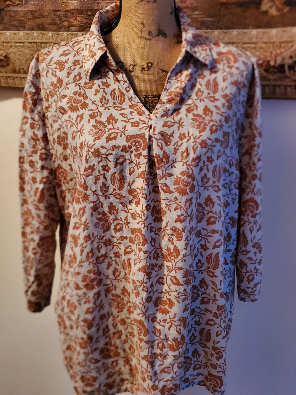d&co Denim + Company Floral Blouse Size L Rust Cream Boho 3/4 Sleeve